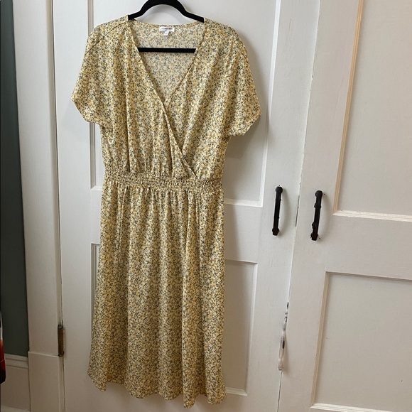 Yellow Floral Faux Wrap Midi Dress - Picture 2 of 7